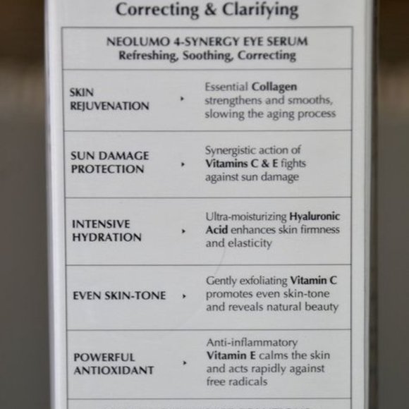 NEOLUMO 4-SYNERGY EYE SERUM-VITAMIN C & E+HA+COLLAGEN-1.0 fl oz/30 ml-NEW-SEALED - Picture 6 of 6